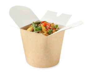 Fototapeta na wymiar Delicious wok noodles with chicken in takeaway box isolated on white