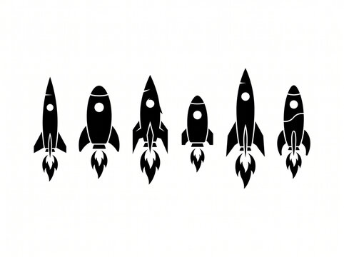 Diverse rocket silhouettes launching with fiery exhaust against a clean white background