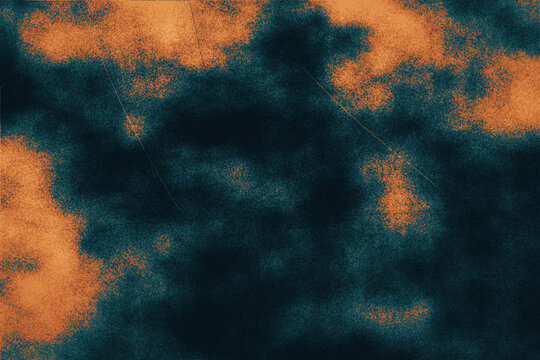 Abstract grunge wallpaper featuring deep teal and rustic orange clouds with dark distressed scratch textures for modern artistic creative projects.