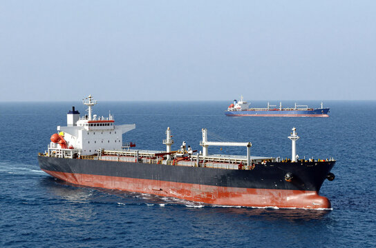 Dry-cargo ship and tanker for transporting oil floats into the sea. Rendezvous of two ships on the high seas. Strait of Hormuz. Tanker ship on the horizon