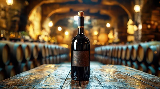 A bottle of wine stands on a wooden table with grapes and barrels.