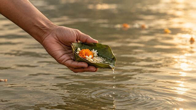 Hand offering rice flowers and water in leaf bowl to sacred river during pitru paksha and durga puja traditional hindu ritual ceremony