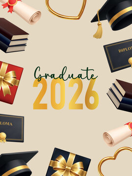 Graduate 2026 greeting card with graduation cap, diploma, books, gift boxes and golden heart frame on beige background
