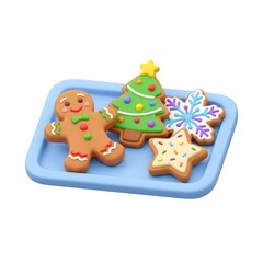 Fototapeta premium Assorted decorated christmas themed cookies on a blue serving tray with gingerbread man holiday treats christmas tree cookie snowflake cookie star cookie sweet treats holiday sweets