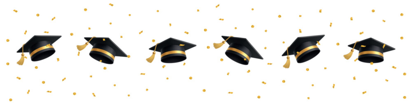 Graduation border with black mortarboard caps and golden confetti on white background