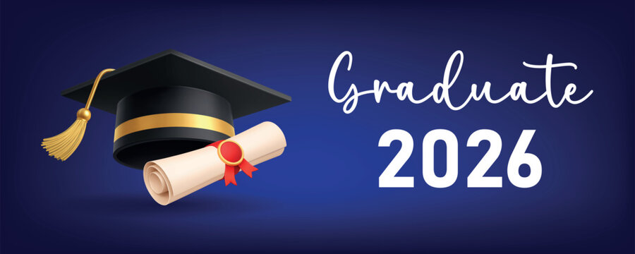 Graduate 2026 banner with graduation cap and diploma on blue background modern academic celebration vector illustration