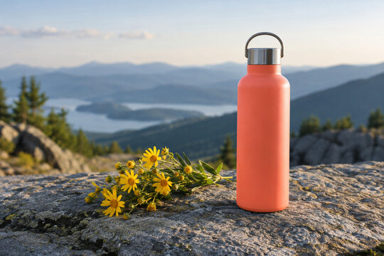Coral reusable water bottle with wildflowers and mountain lake view