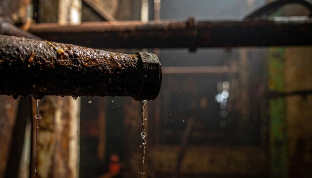 Rusty industrial pipe leaking water in dark basement.