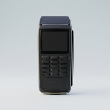 Modern dark grey payment terminal isolated on a white background
