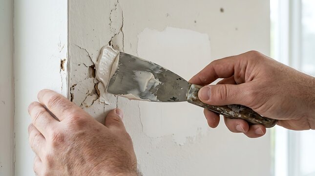Hand with putty knife repairing cracked plaster wall during home renovation with bright daylight
