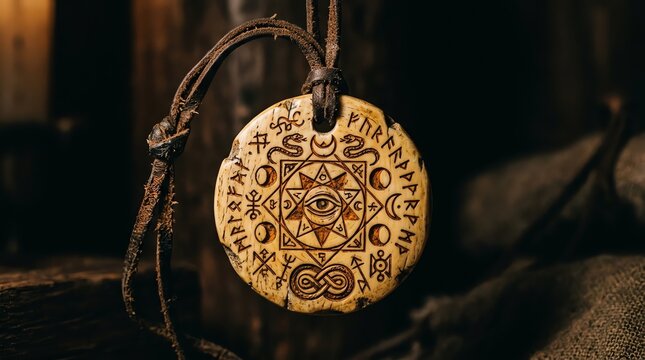 A round carved bone pendant featuring occult runes and an all-seeing eye design hanging against a dark rustic background with warm cinematic lighting