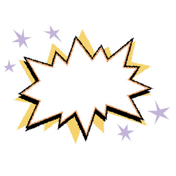 Speech comic starburst frame with jagged burst shape, rough black outline and peach inner stroke over yellow accents and purple stars. Graphic burst for stickers, posters or comic titles
