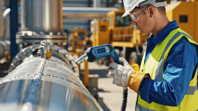 Inspector testing welded pipe seam with ultrasonic gauge device. Quality control engineer in hard hat inspecting metal pipeline at industrial refinery
