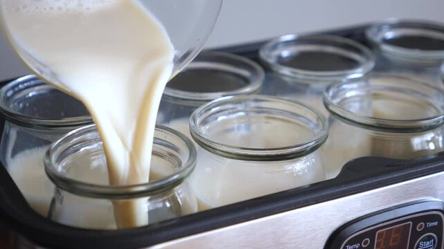 Creamy mixture fills glass jars one by one in baking tray. Pour continues with steady stream, suggesting careful dessert preparation and focused, homestyle cooking process for sweet jarred dessert.
