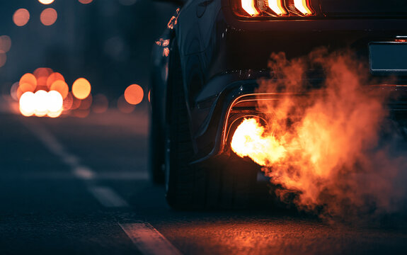 Close-up view shows car exhaust emitting flame and smoke during revving. The setting is at night on a street, highlighting the performance of the vehicle and its exhaust system