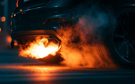 Close-up view shows car exhaust emitting flame and smoke during revving. The setting is at night on a street, highlighting the performance of the vehicle and its exhaust system