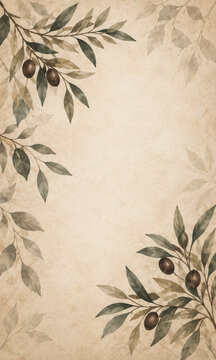 Botanischer Vintage Hintergrund mit Olivenzweigen und Oliven auf heller beiger Papiertextur mit viel Kopierraum Generative KI