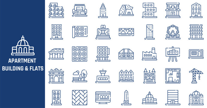 Apartment building and flats vector icon set featuring various architectural structures for modern urban design projects
