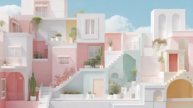 Minimalist architectural modern building with pastel stairs and terraces. Surreal cubist city facade with potted plants and geometric balconies. 3D design concept