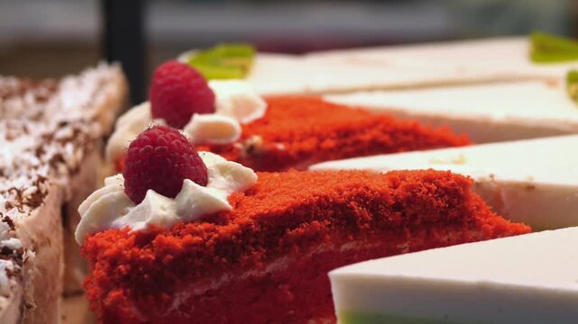 Red velvet cake slice with raspberry and whipped cream rests beside coconut chocolate cake and white dessert slices. Layered pastries create elegant bakery display with vibrant colors and rich