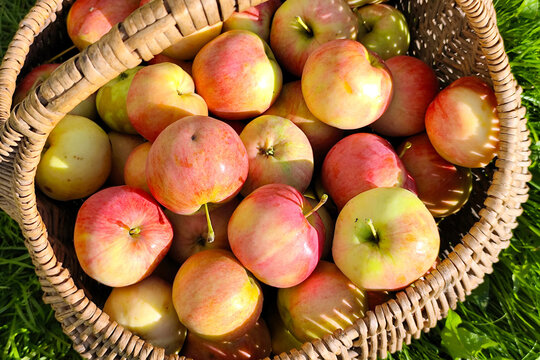 Ripe apples in woven basket on green grass in sunlight
