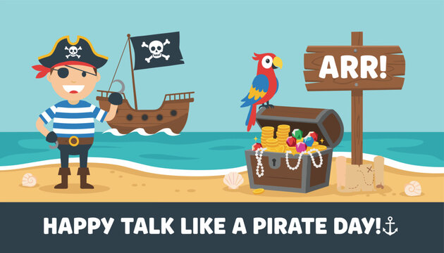 Cheerful pirate stands on a beach next to a treasure chest filled with gold coins and gems for a fun celebration.