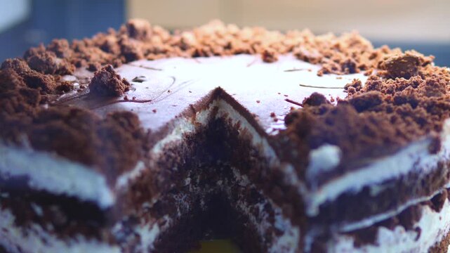 Cocoa covered dessert sits on serving plate with distinct cream layers. Chocolate pastry slice offers indulgent texture, while scattered crumbs and soft focus create appetizing warmth.