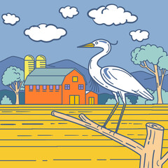 Fototapeta premium Line illustration of a great blue heron perched on a branch viewed from the side with barn farm silo in the background done in retro style. 
