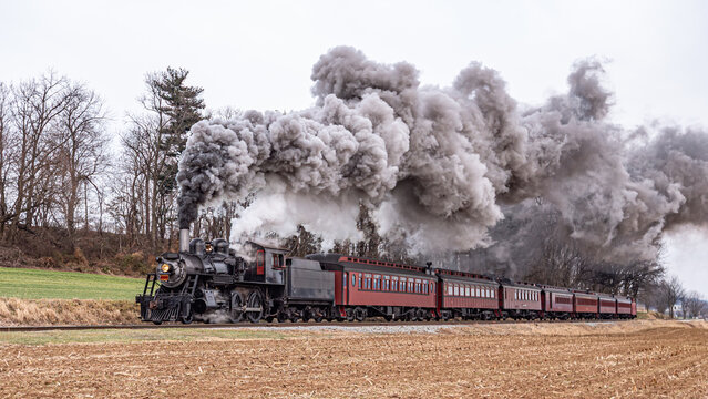 A steam train moves along a track in a field. Dark smoke billows from the engine as it travels. The scene features bare trees in the background and a clouded sky above.