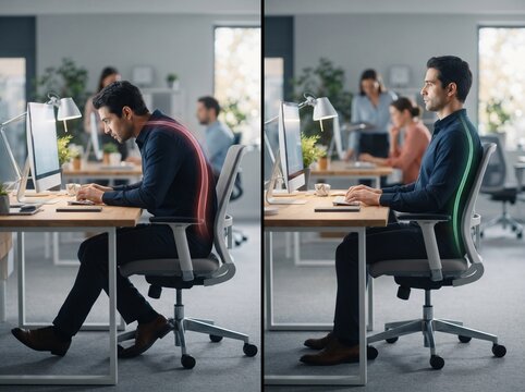 Man demonstrating correct versus incorrect ergonomic posture while working at a computer in an office