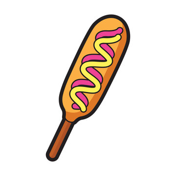 Corn dog with golden batter and sauce. Ideal for food blogs, menus, summer picnic designs, and advertising