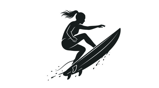 Athletic female surfer riding a longboard wave in detailed black silhouette style digital art graphic design
