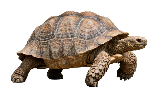 Large African spurred tortoise with textured shell, isolated on transparent background