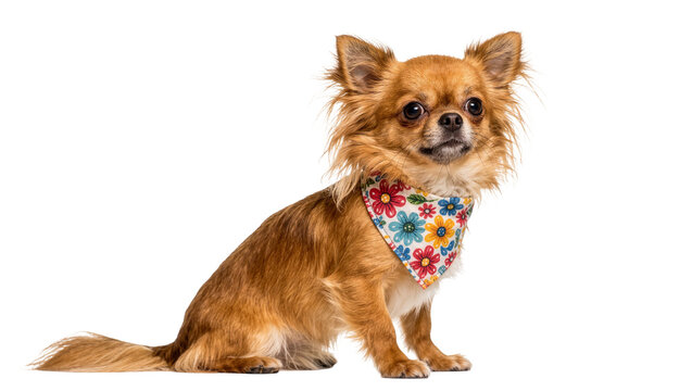 Long-haired chihuahua dog wearing a colorful floral bandana, isolated on transparent background