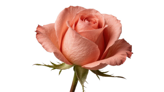 Delicate peach rose bloom with green stem and thorns, isolated on transparent background