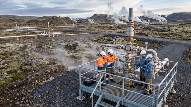 Field engineers carry out a safety-focused inspection of a geothermal wellhead