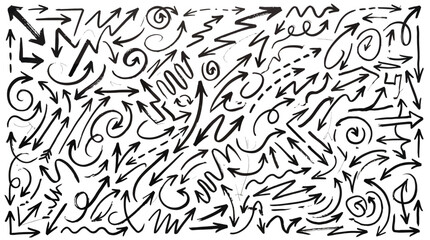 Fototapeta premium Hand drawn black arrow set featuring diverse directional signs sketches on a simple white paper background