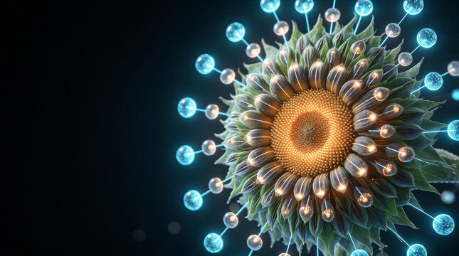 Sunflower head blooming from a luminous origin seed with glowing digital nodes expanding outward into dark space