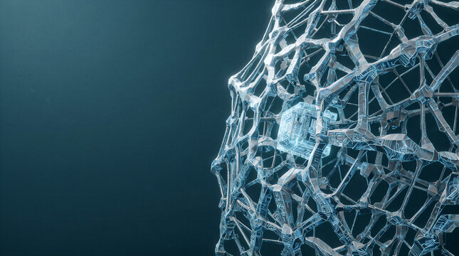 Protective web featuring rigid metallic circuit-board patterns and organic crystalline nodes surrounding a glowing energy core