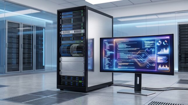 Server tower and computer monitor in data center