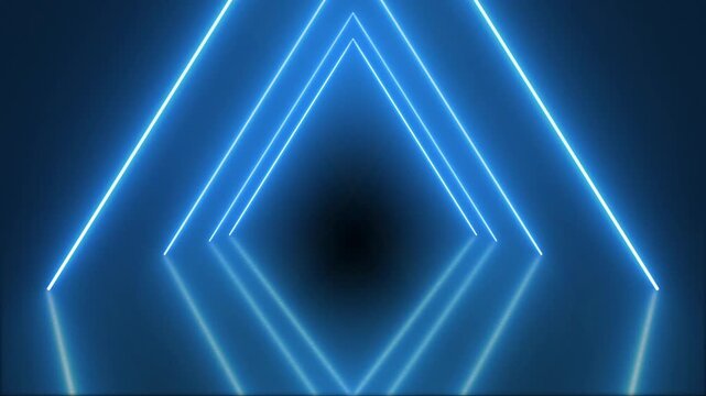 Glowing blue neon triangle tunnel motion background for video projects