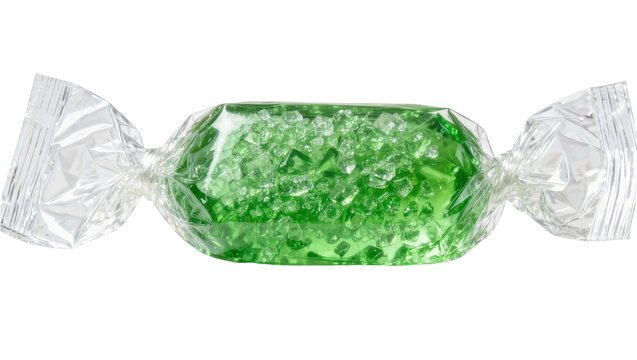 Green hard candy with sugar crystals wrapped in clear cellophane, isolated on transparent background