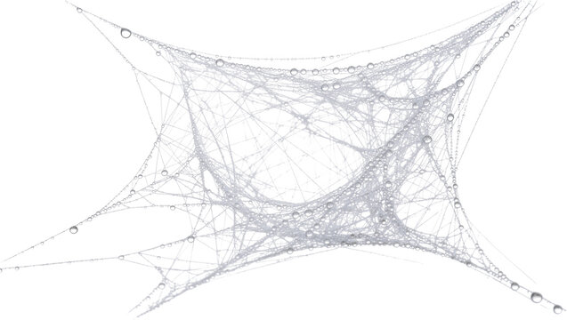 Intricate spider web covered in dew drops, isolated on transparent background