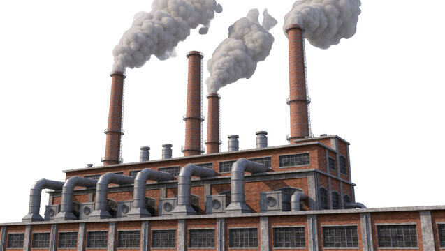 Industrial factory with brick chimneys emitting smoke, isolated on transparent background