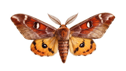 Obraz premium Detailed brown and orange moth with feathery antennae, isolated on transparent background