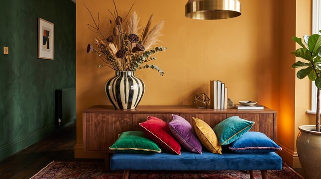 Striped vase anchors a maximalist living room corner