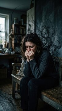 Generalized anxiety disorder: mental panic, chronic tension, dark worry, nervous fear, emotional overwhelm, woman suffer, inner turmoil, heavy depression, psychological distress.