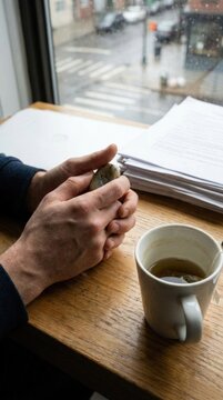 Generalized anxiety disorder: nervous tension, stress relief, worry stone, calm touch, soothe mind, tea cup, paper pile, rainy window, inner struggle, quiet panic.