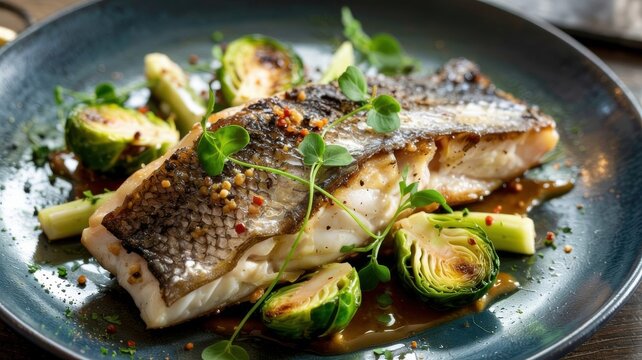 An Uzbek dish, Balik Saj, is fish fillet fried until crispy with spices and served with a side of baked Brussels sprouts, herbs, and a tangy sauce.