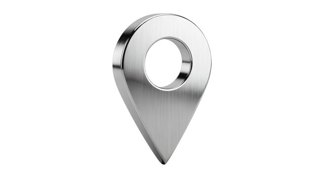 Polished chrome 3D map pin marker, isolated on transparent background